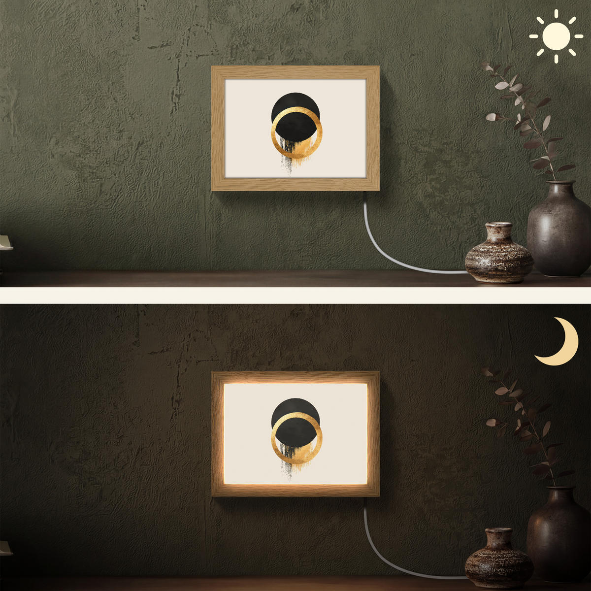 NÁSTĚNNÁ LAMPA Abstraktní design - Černý kruh - Skvrny od barvy 20x15 cm - krémová, kompozitní dřevo (20/15/8cm) - OnlyWow