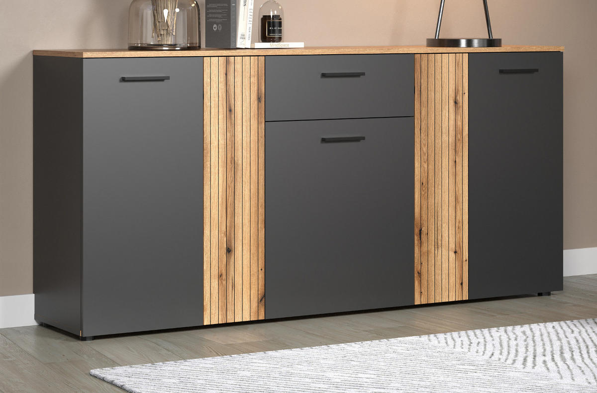 SIDEBOARD grau, Evoke Eiche 181 cm, Kommode mit viel Stauraum - Eichefarben/Anthrazit, Holzwerkstoff/Kunststoff (181/86/38cm) - Top.Furn