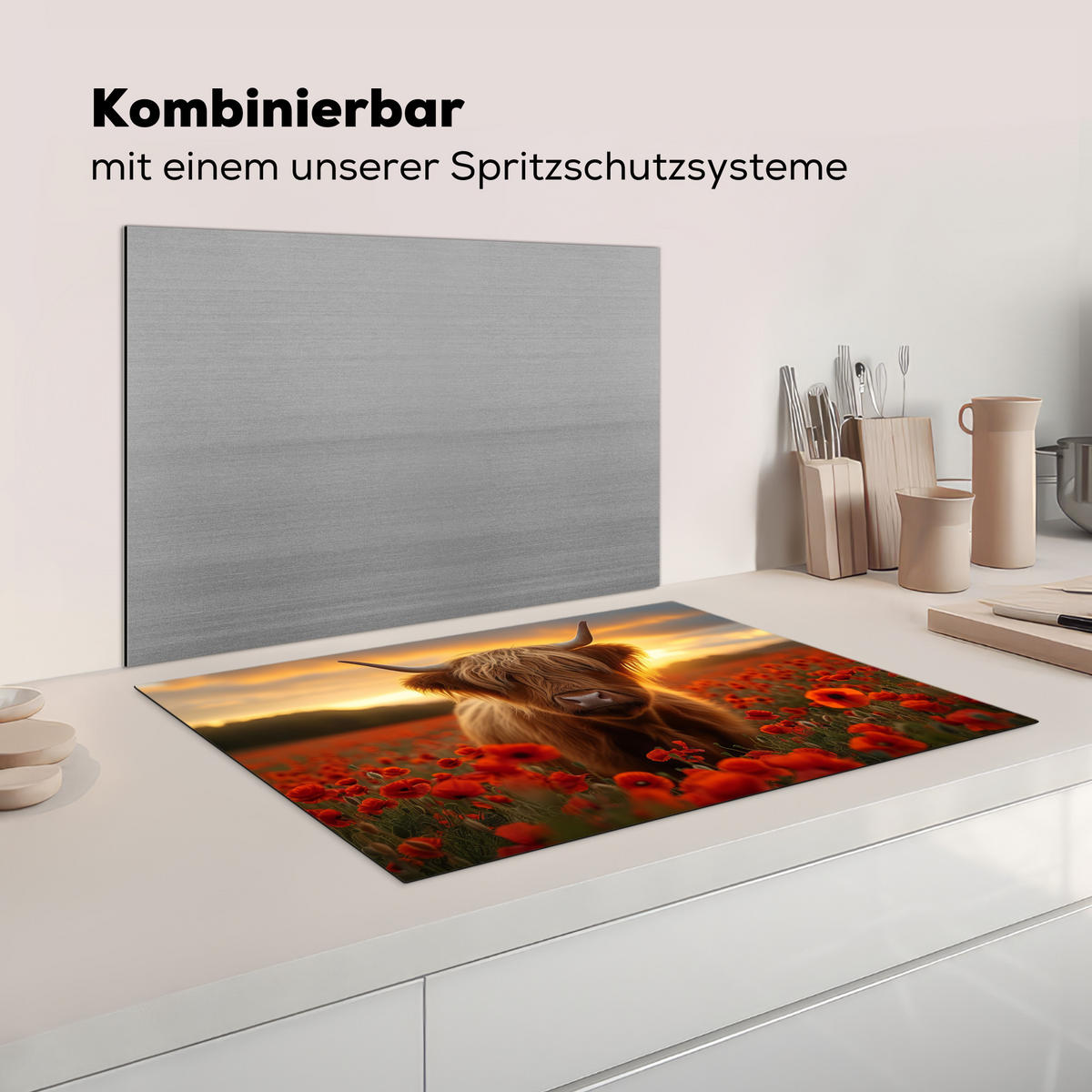 HERDABDECKPLATTE Schottische Highlander - Rosen - Blumenfeld - Sonnenuntergang Ceranfeldabdeckung 76x51.5 cm - Rotbraun, Kunststoff (76/51.5/0.2cm) - MuchoWow