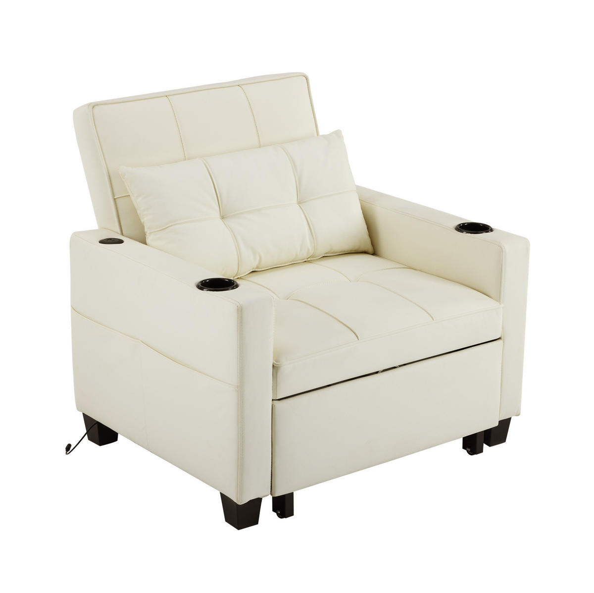 SCHLAFSESSEL 3-in-1 74/87/84 cm mit verstellbarer Rückenlehne, USB-Anschluss und Getränkehaltern, Weiß - Weiß, Holz (74/84/87cm) - Redom