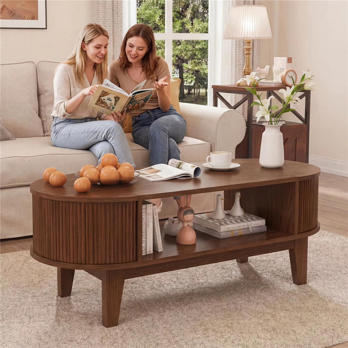 COUCHTISCH oval Stauraum Ablage Walnuss 100x50,4x50 - Braun, Holz (100/50/50.4cm) - Kaket