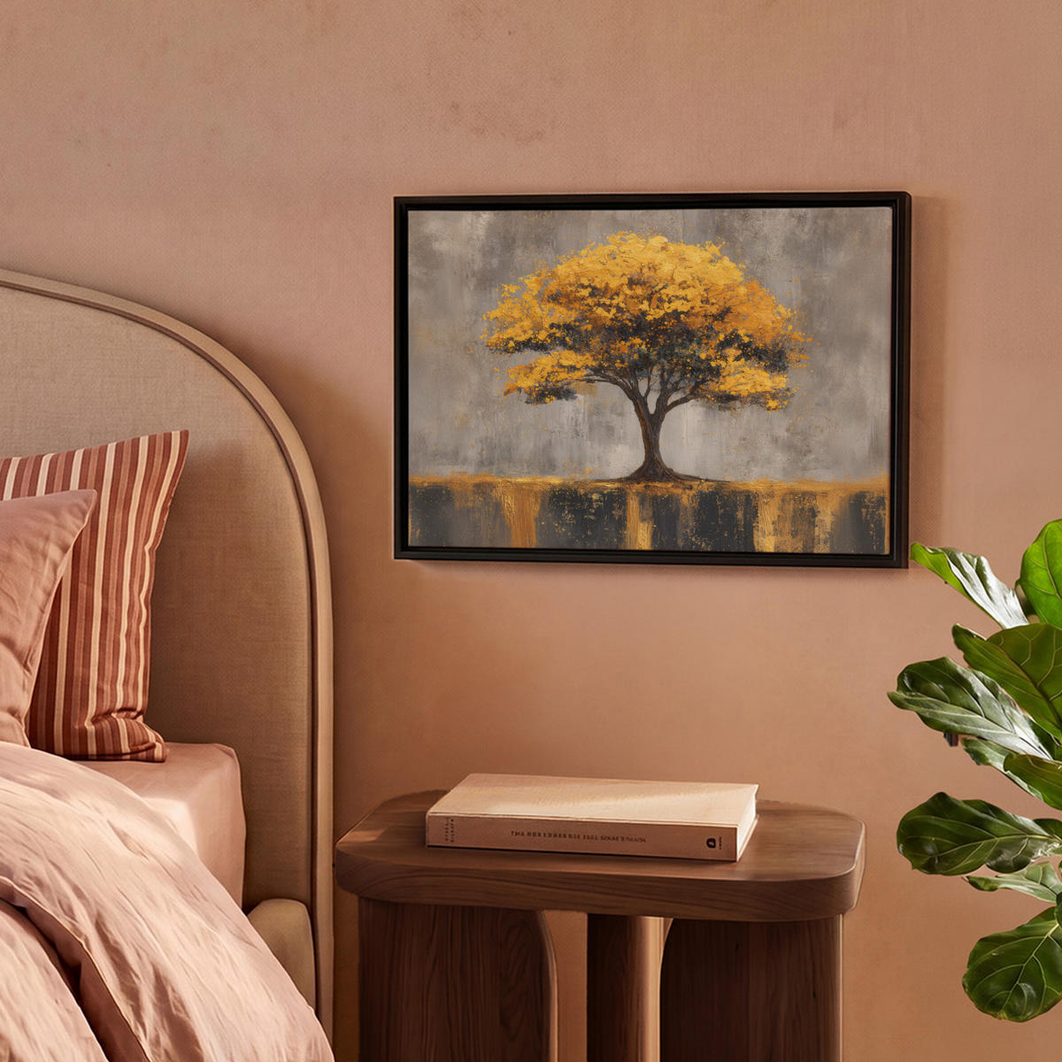 LEINWAND Bilder mit Rahmen - Baum - Blätter - Gold - Abstrakt - 40x30 - Grau, Textil (40/30cm) - MuchoWow