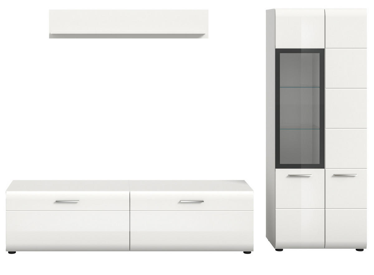 WOHNWAND weiß Hochglanz 3-teilig 235 cm, Schrankwand modernes Design - Weiß Hochglanz/Silberfarben, Glas/Holzwerkstoff (235/160/41cm) - Inn.Furn
