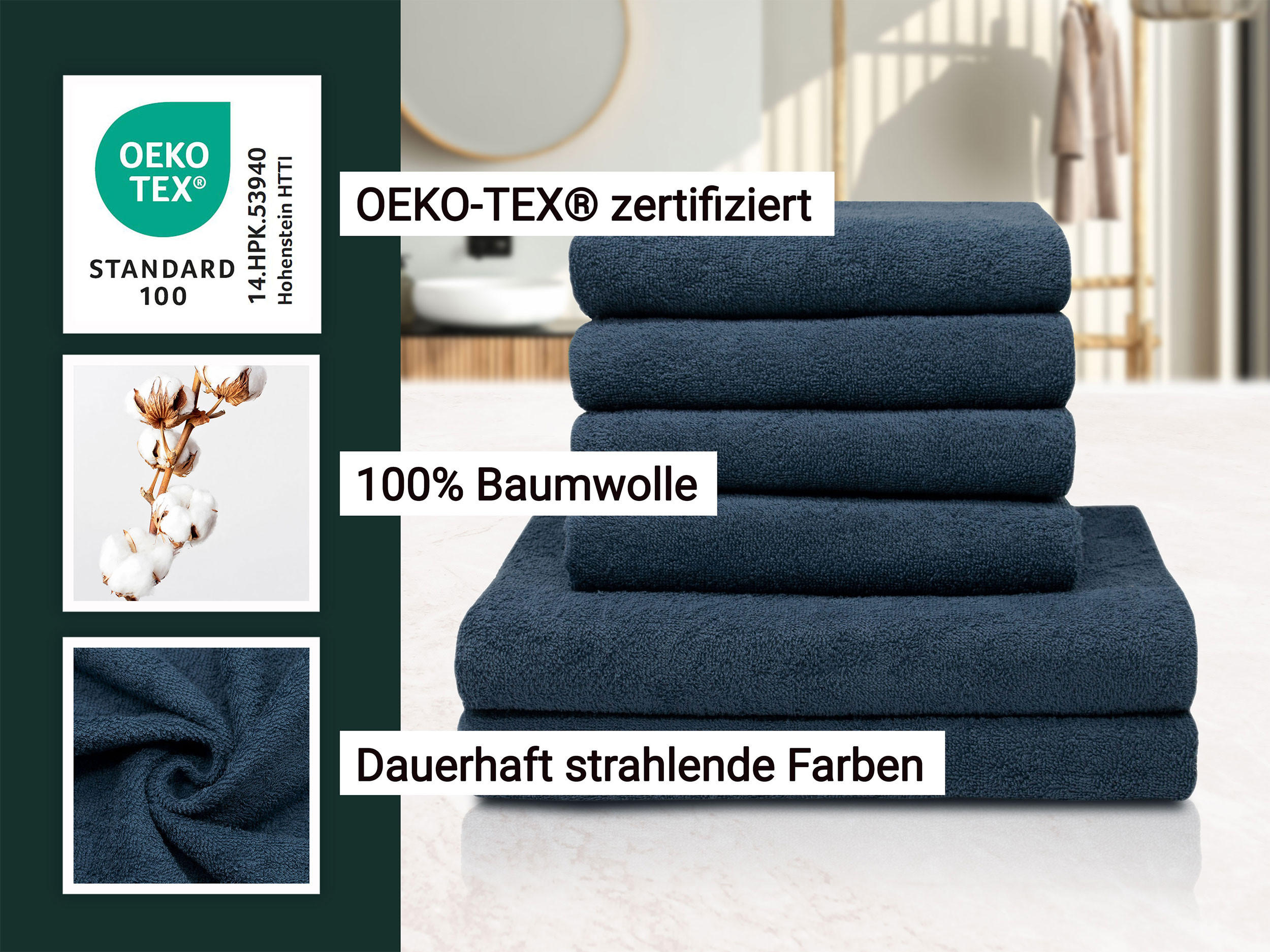 Thumbnail - Zollner Handtücher, Dunkelblau, Textil, 50x100 cm, Oeko-Tex® Standard 100, Badtextilien, Handtücher