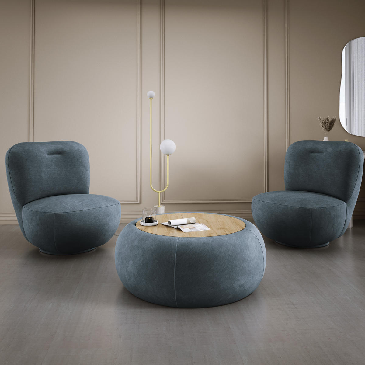 DREHSESSEL LUIS, Freistehend, Sitz drehbar 360°, 39x82x56 cm, NAVY - Blaugrau, Holz/Textil (82/72/66cm) - DomoHome