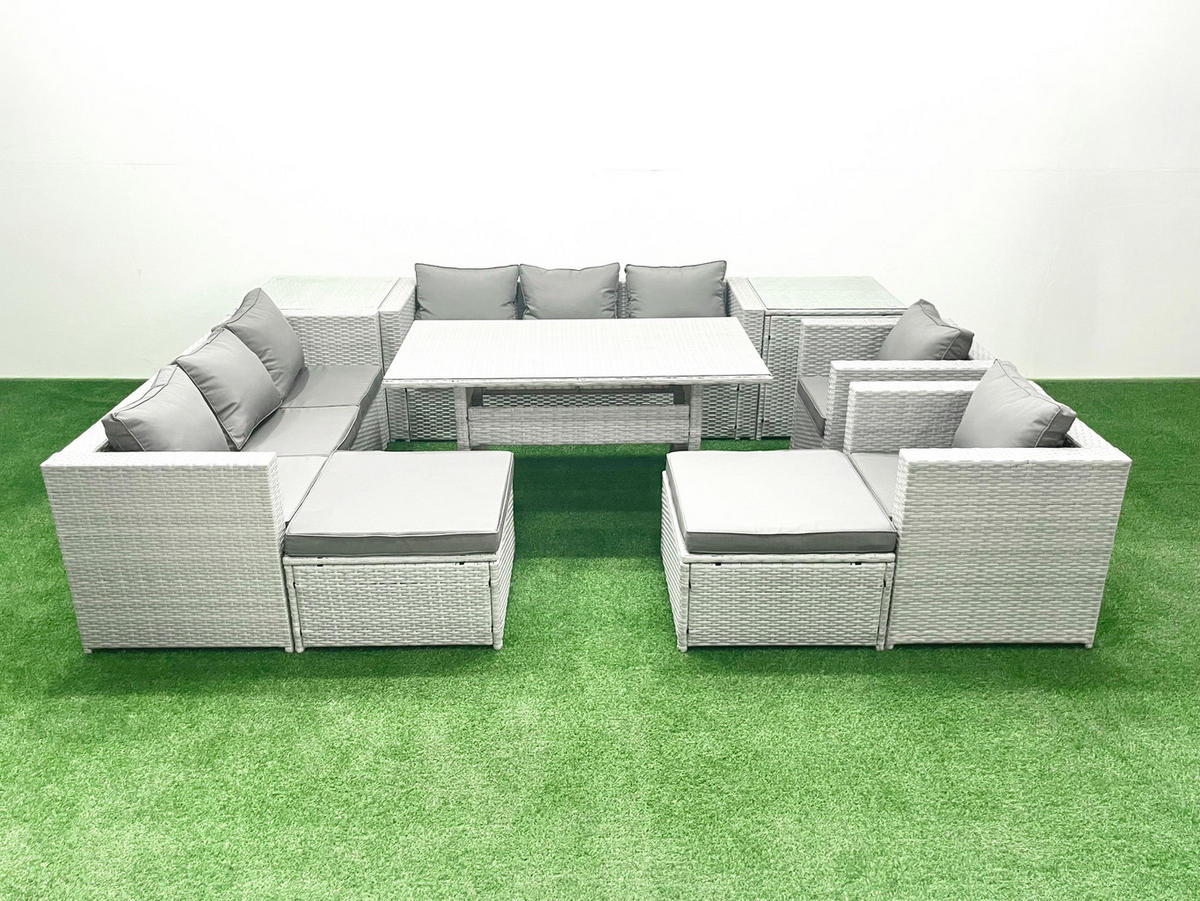 GARTENMÖBEL SET mit 3-Sitzer-Sofa und 2 Stühle, Esstisch,2 Großer Hockern,2 Beistelltischen Polyrattan Hellgrau 10-Sitzer - Hellgrau/Grau, Glas/Kunststoff - Fimous
