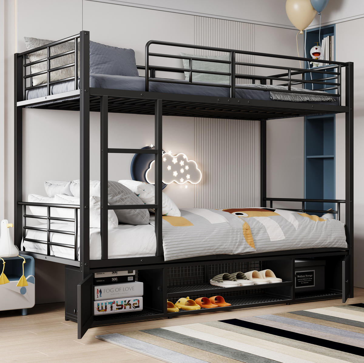 ETAGENBETT 90/200 cm Schwarz aus Eisen mit Schuhablage und Sicherheitsgitter - Schwarz, Metall (90/200cm) - OKWISH