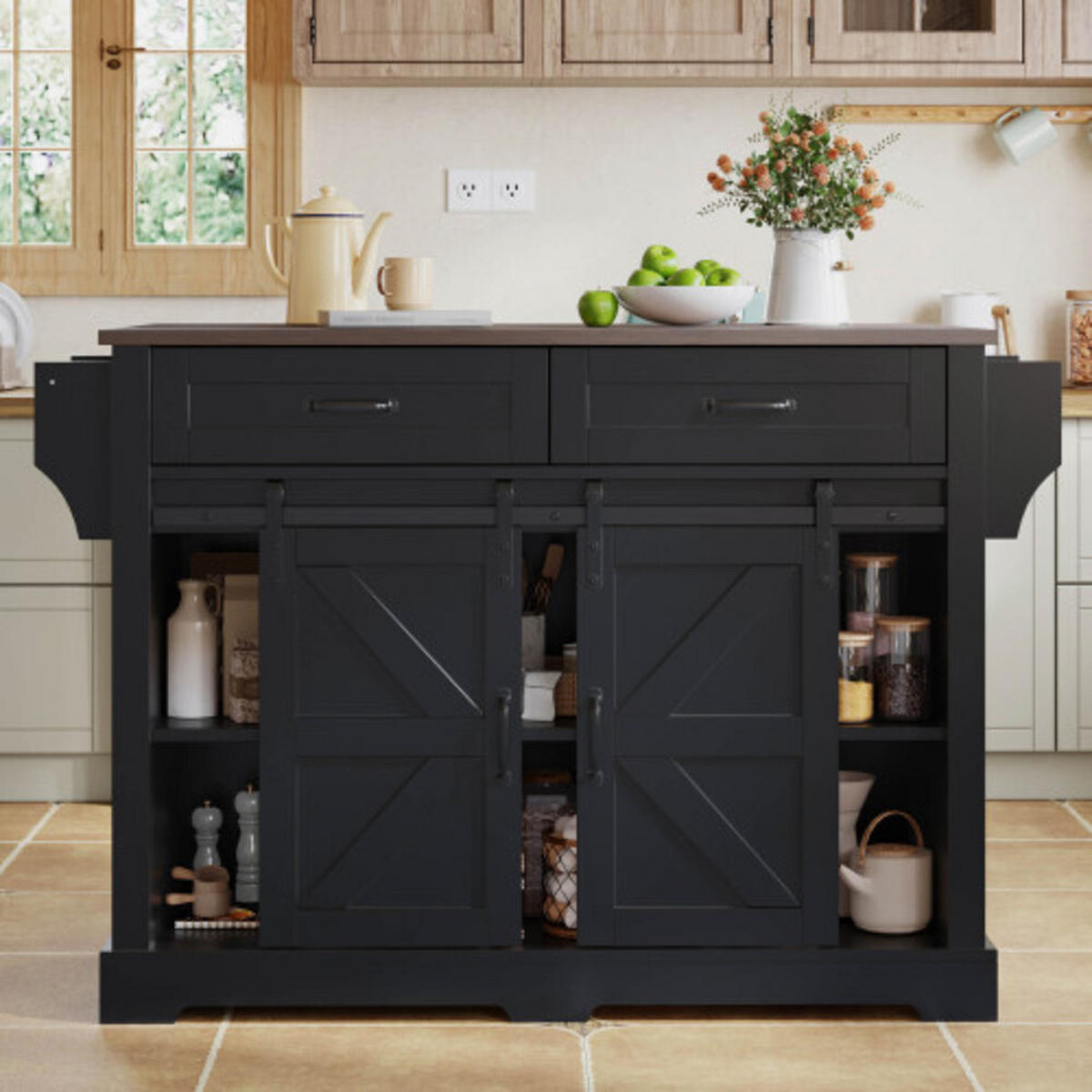 KÜCHENINSEL Braun-Schwarz MDF mit klappbarer Erweiterungsplatte & versteckten Laufrollen 120 × 45(70) × 91 cm - Schwarz, Holzwerkstoff (120/91/70cm) - Luhomfu