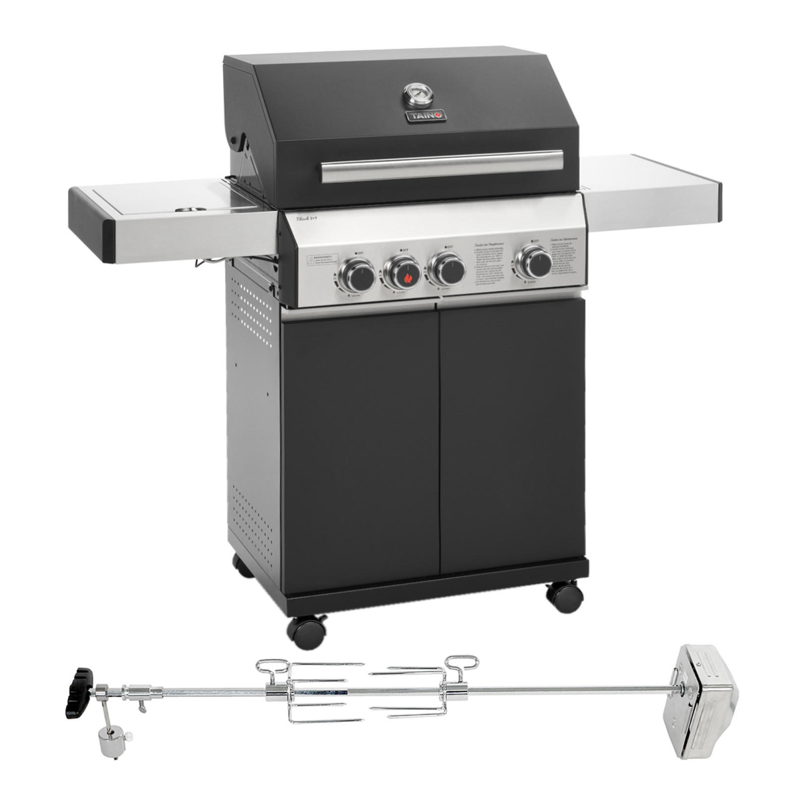 GASGRILL BLACK 3+1 Set mit Drehspieß - Schwarz, Metall (128/114/55cm) - TAINO