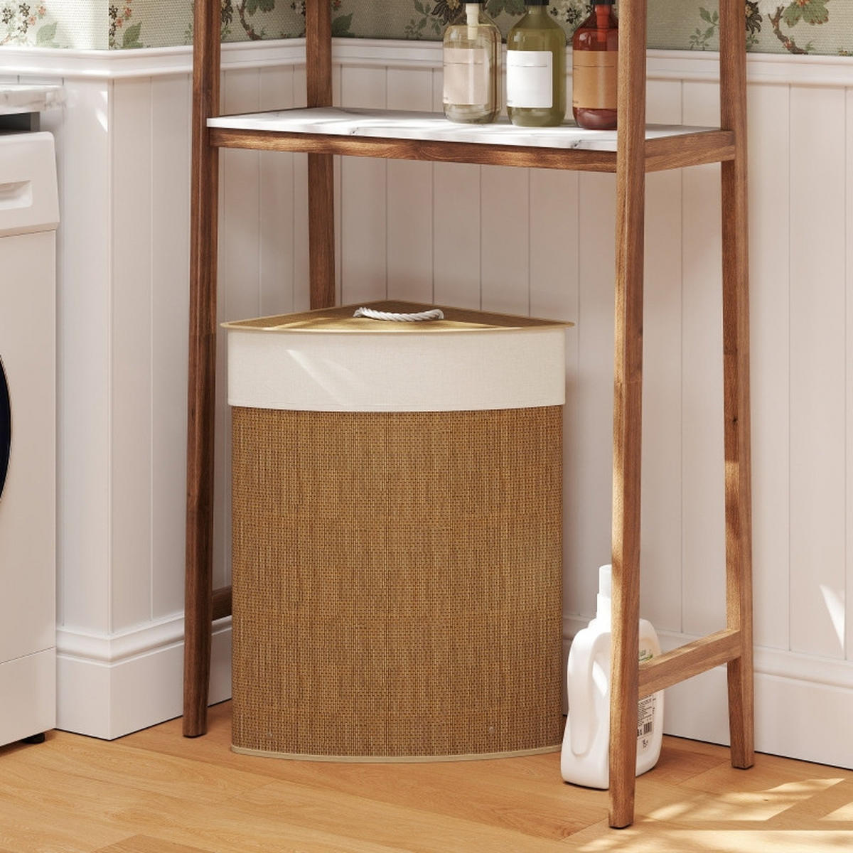 WÄSCHEKORB Bambus 55 L Ecke mit Deckel – Wäschesammler mit herausnehmbarem Sack, für Bad, Schlafzimmer & Waschküche, Braun - Braun, Holz (35/60/35cm) - Ej. Life