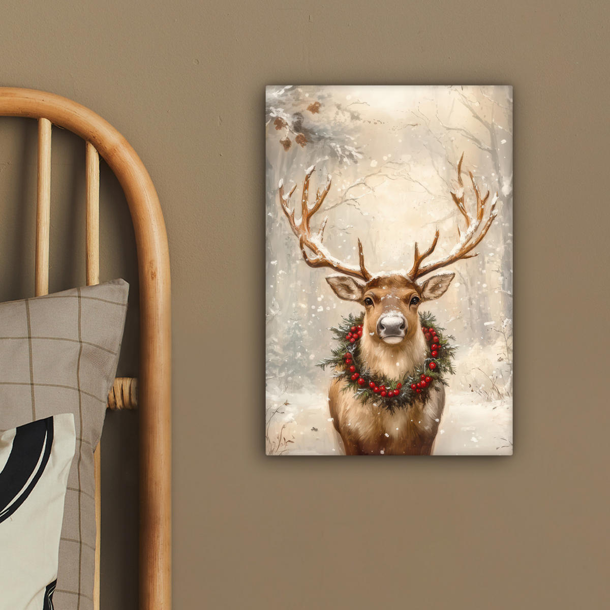 LEINWANDBILD Weihnachten - Rentier - Winter - Kranz 20x30 cm - Naturfarben, Textil (20/30cm) - MuchoWow
