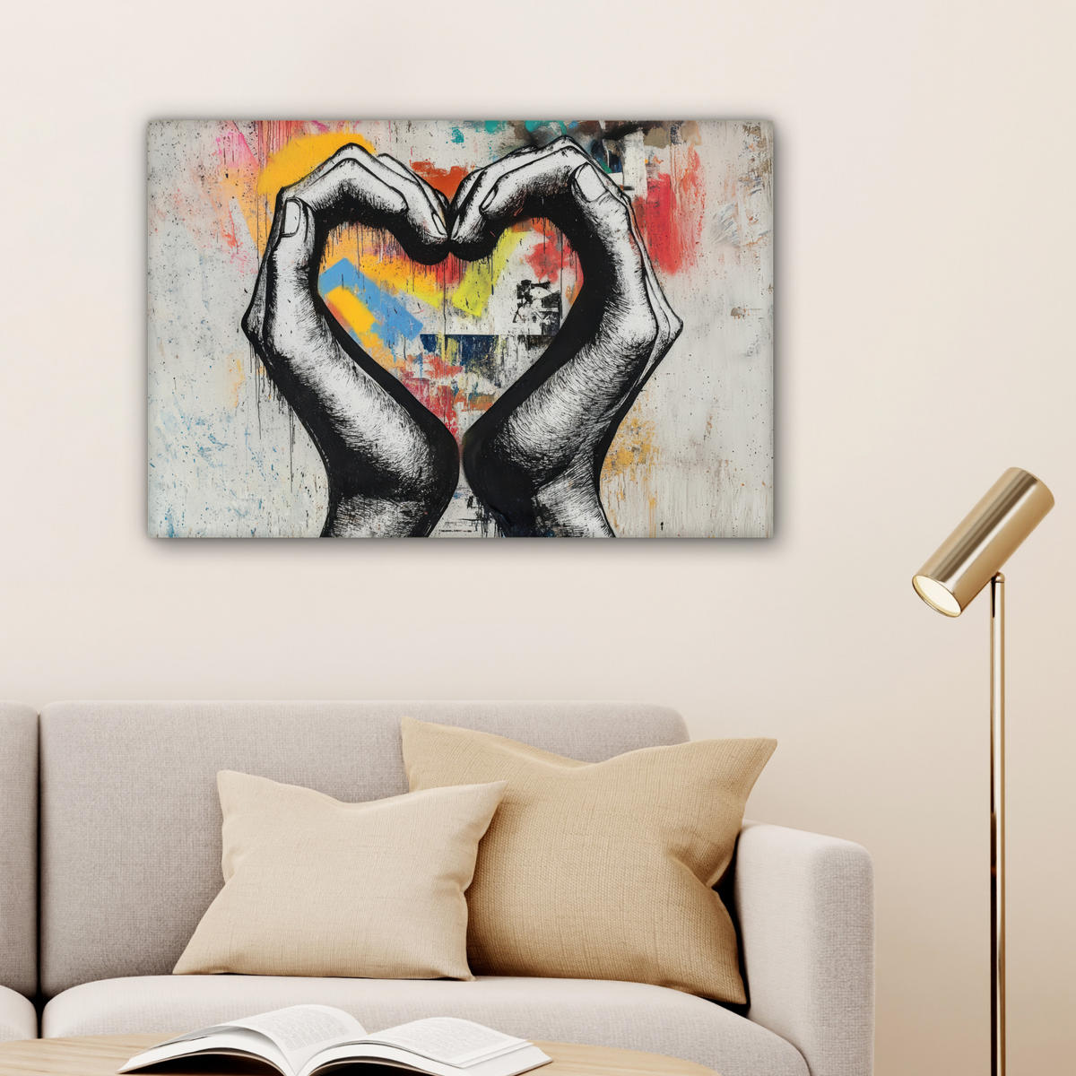 OBRAZ NA PLÁTNE Ruky - Srdce - Street art - Graffiti 90x60 cm - viacfarebná, textil (90/60cm) - MuchoWow