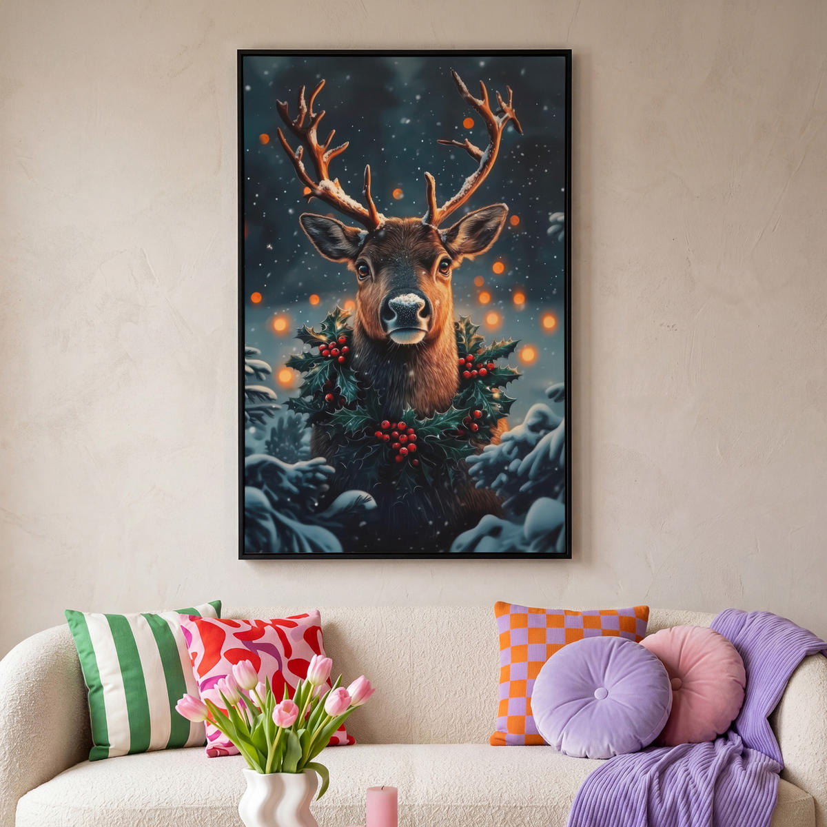 LEINWAND Bilder mit Rahmen - Hirsch - Weihnachten - Winter - Schnee - Weihnachtskranz - 80x120 - Dunkelbraun, Textil (80/120cm) - MuchoWow