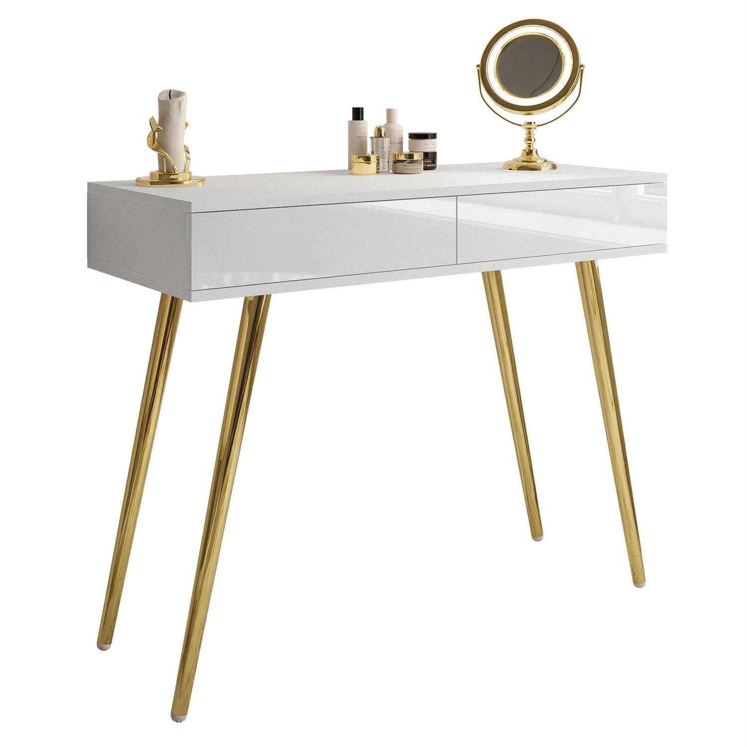 KONSOLE SIENNA GOLD mit Schubladen auf goldenen Beinen PUSH OPEN - Weiß Hochglanz, Holzwerkstoff (100/81/42cm)