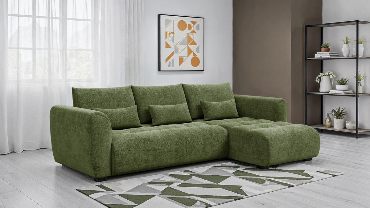 ECKSOFA SORENO 4-Sitzer, dunkelgrün - Dunkelgrün/Schwarz, Holz/Textil (293/171cm) - Courtois Laville