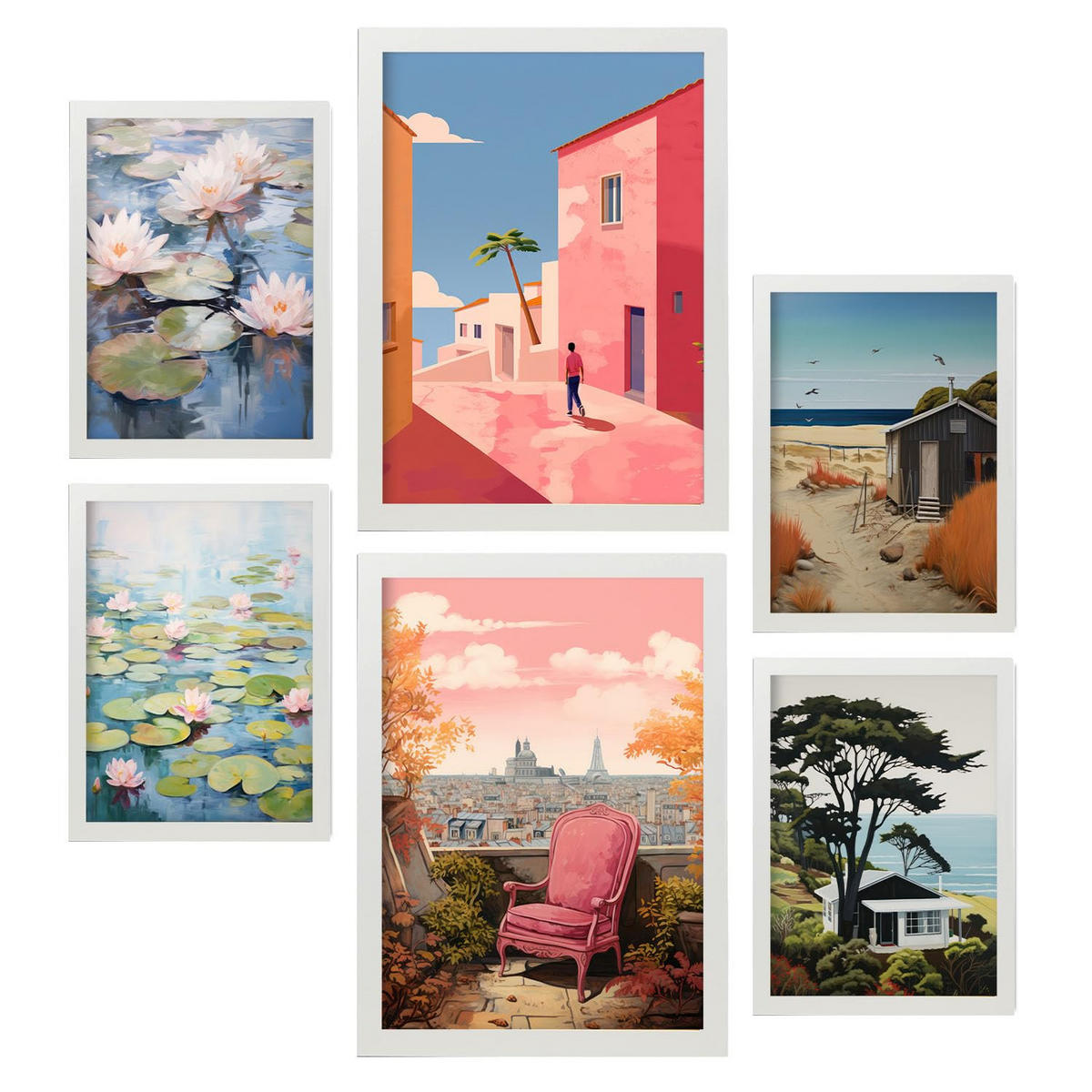 POSTER Set Mit 6 Entspannende Ruhe In Vielseitiger Stil A3 & A4 Weißer Rahmen - Weiß, Papier (29/3cm) - Nacnic