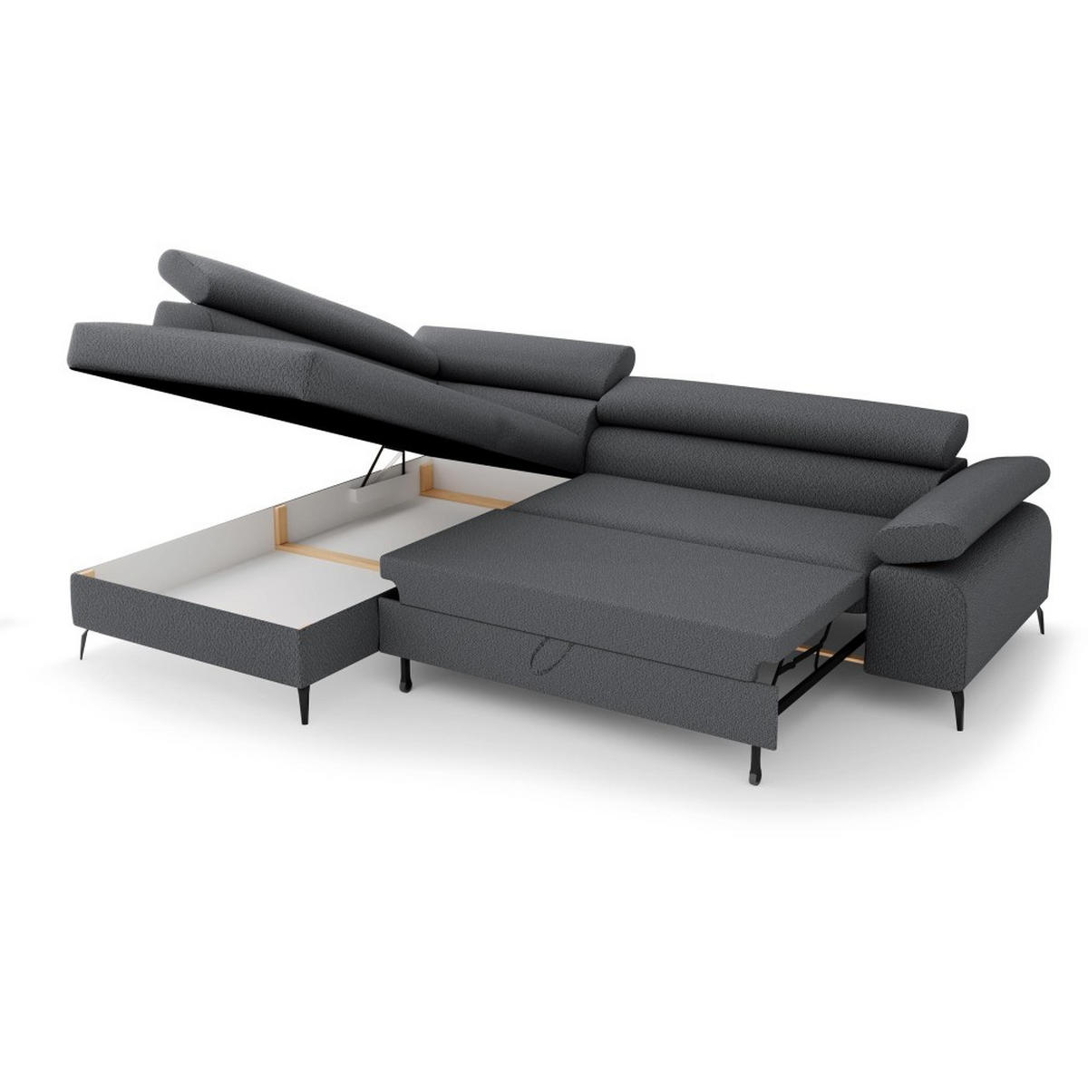 ECKSCHLAFSOFA Mellow mit Bettkasten, Dunkelgrau, links - Dunkelgrau/Schwarz, Textil (270/205cm) - Beautysofa