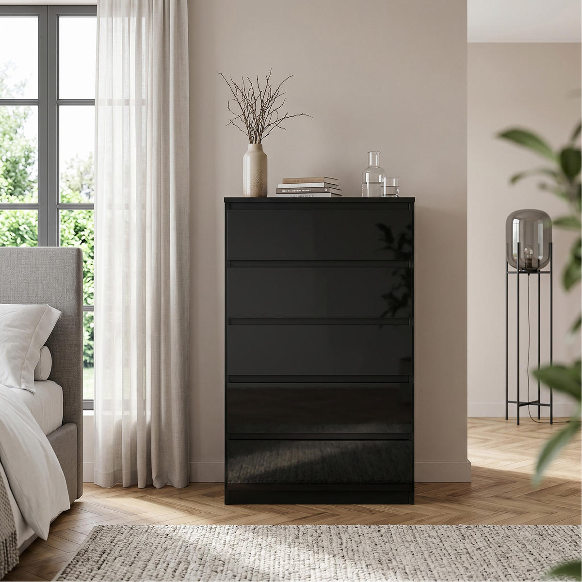 KOMMODE NUDO 70/124,5/39cm mit 5 Schubladen Türen Schwarz - Schwarz Hochglanz/Schwarz, Holzwerkstoff (70/124.5/39cm) - MASSENO