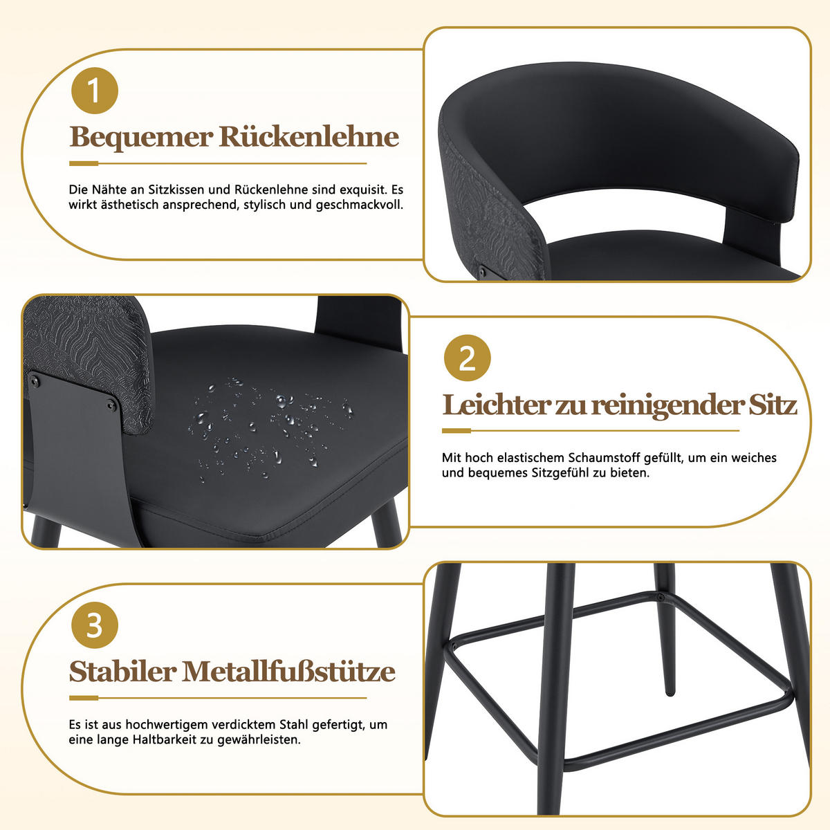 BARHOCKER DE-36674 2er Set mit PU-Bezug und Metallgestell Schwarz - Schwarz, Metall (47/94.5/46cm) - ComfortXL