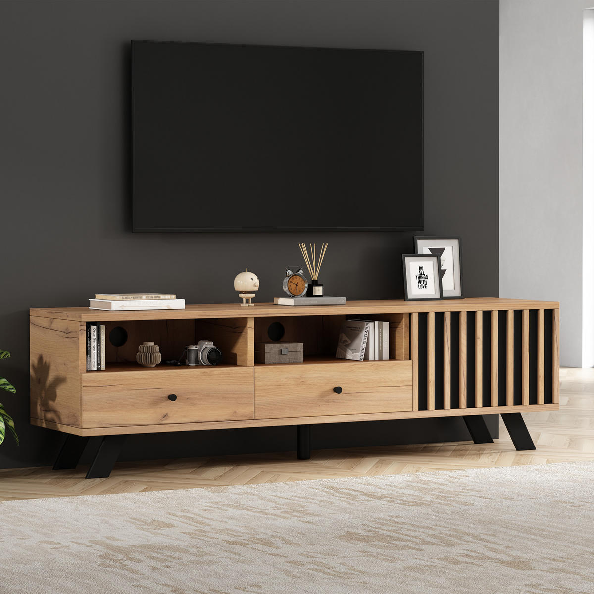 TV-ELEMENT150CM 150x38x44cm Lowboard Holz-Schwarz für 60-Zoll-Fernseher - Naturfarben, Holz (48.79/14/162.28cm) - Raelunyi