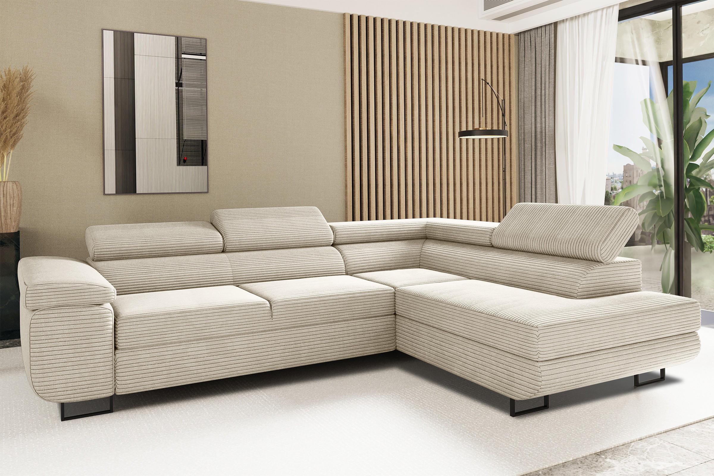 ECKSOFA ATOMIC Mit Schlaffunktion, Stoff Poso, Beige, Rechts - Beige, Holz (277/203cm) - Kaiser Möbel