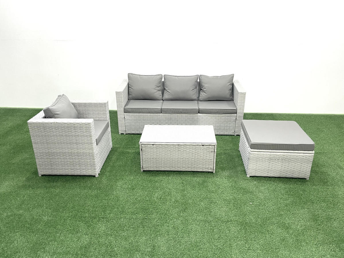 GARTENMÖBELSET mit 3-SITZER SOFA,COUCHTISCH Polyrattan Hellgrau-Mix 5-Sitzer - Hellgrau/Grau, Glas/Kunststoff - Fimous