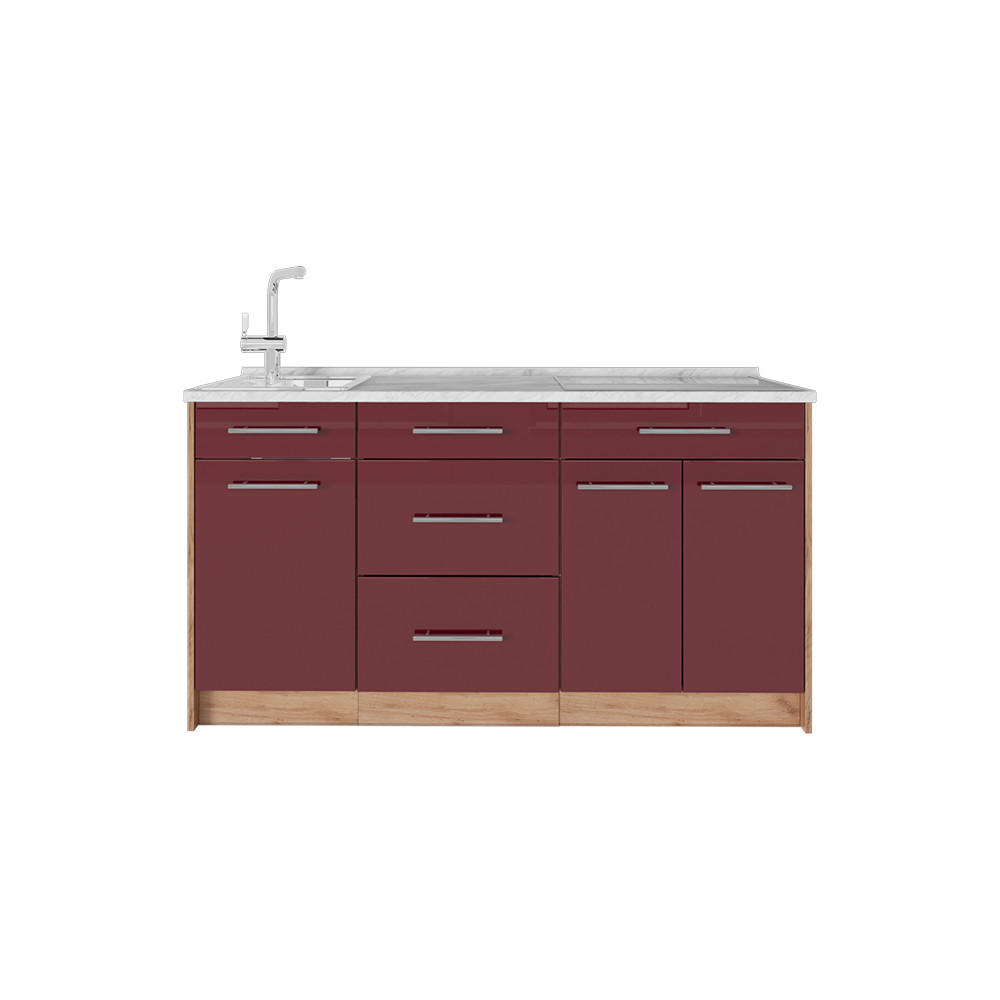 KUCHYNSKÝ BLOK Fame-Line, Bordeaux vysoký lesk, 150 cm, AP Marble - bordová/dub medový, kompozitné drevo (150/82/60cm) - Vicco