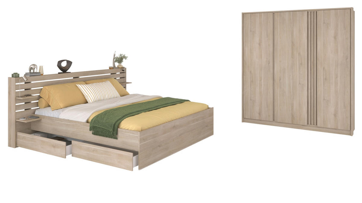 SCHLAFZIMMER komplett Set Stauraumbett 160x200 und Kleiderschrank - Eichefarben, Holz/Holzwerkstoff (160/203/200cm) - Parisot Meuble