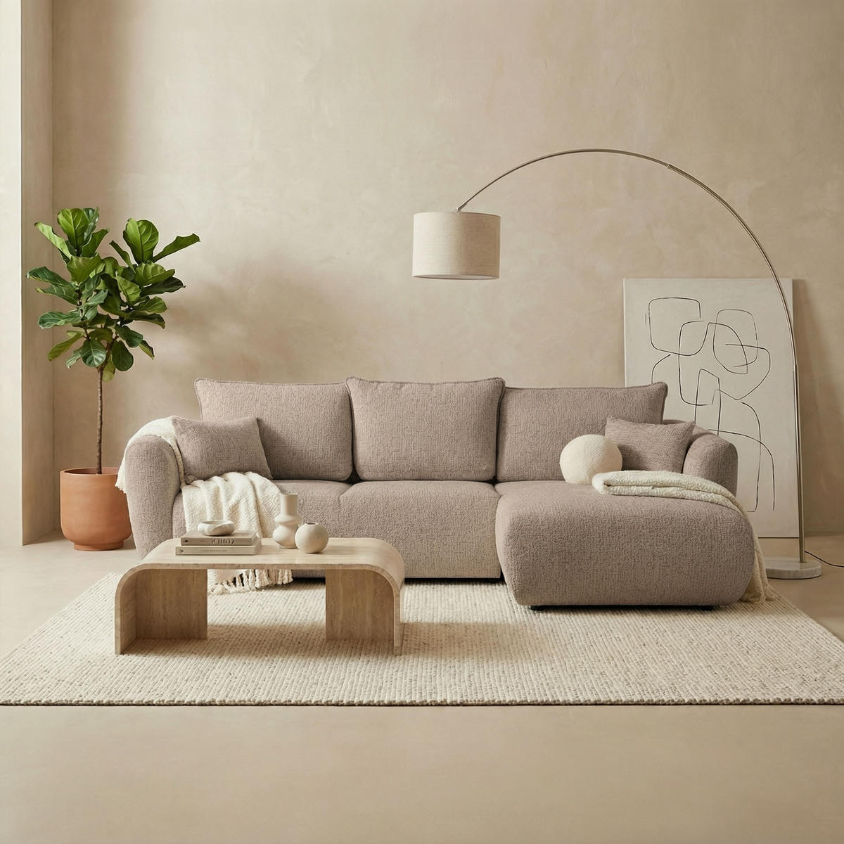 ECKSOFA Fabio mit Bettkasten, Strukturiert Dunkelbeige 255/165/91 cm - Beige/Schwarz, Textil (255/165cm) - WFL GROUP