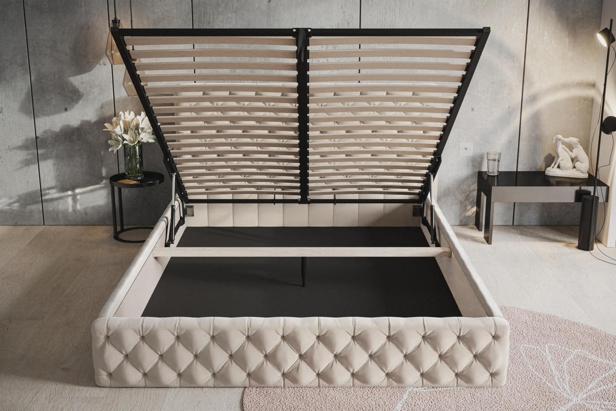 BETT 90x200 - Polsterbett mit Bettkasten und Metallrahmen - Elegant Betten - Weicher Jasminstoff - Kollektion Miami, Beige - Beige, Holz/Textil (90/200cm) - Alpi-Möbel