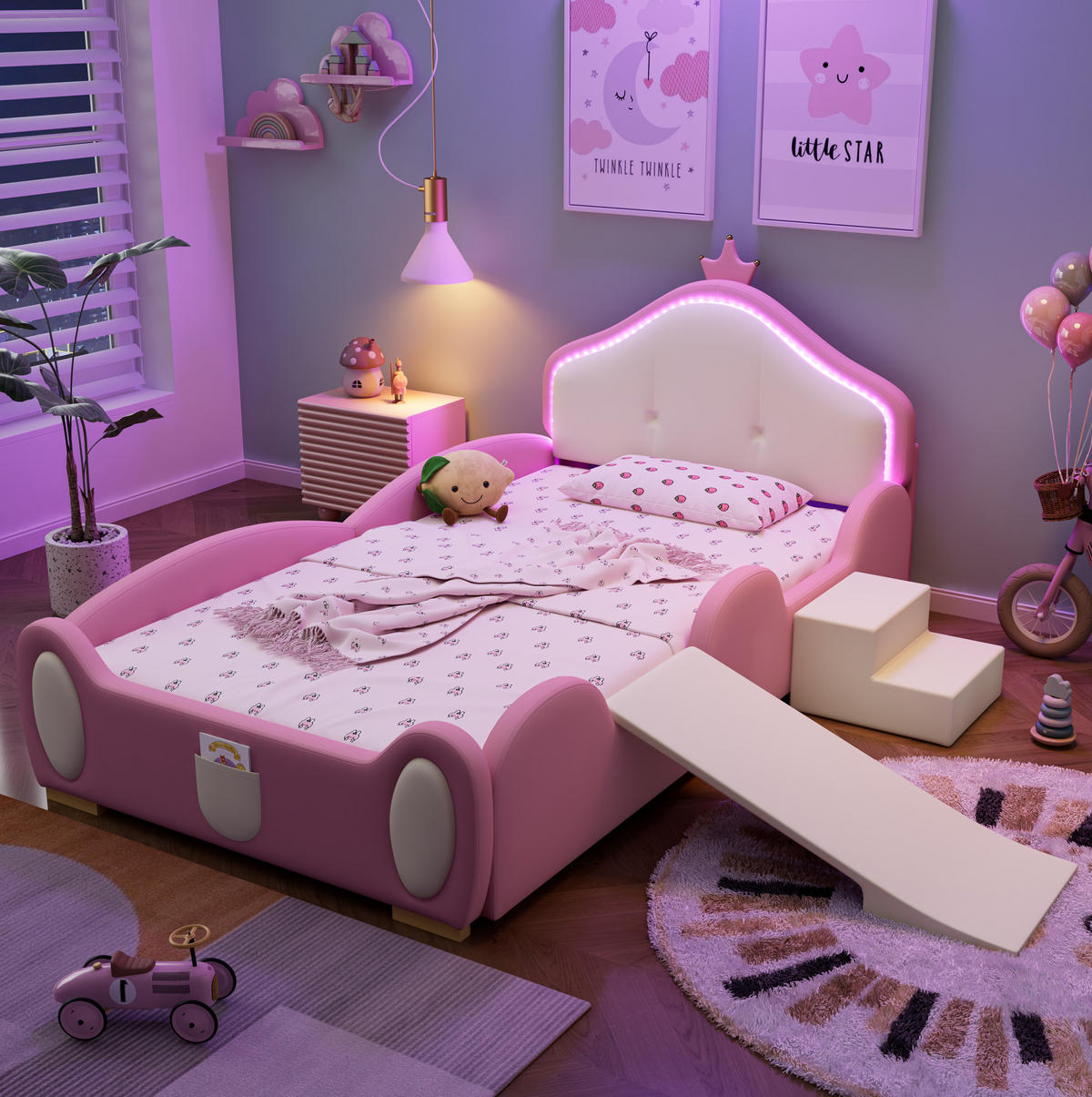 KINDERBETT 90/200 cm mit LED-Streifen, Rutsche, Treppe und weichen Schutzkanten aus PU, Rosa/Beige - Rosa, Kunststoff (90/200cm) - Redom