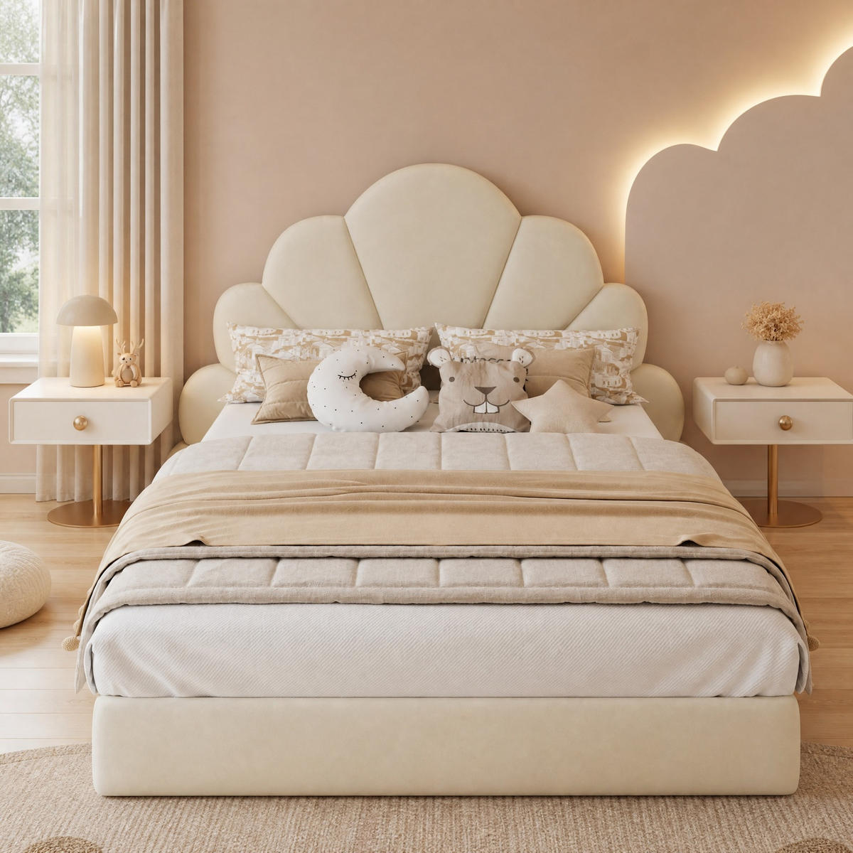 POLSTERBETT 140/200 mit geschwungenem Blütenkopfteil, Samtbezug und Rutschschutz in Beige - Beige, Holzwerkstoff/Textil (140/200cm) - EVRYAE