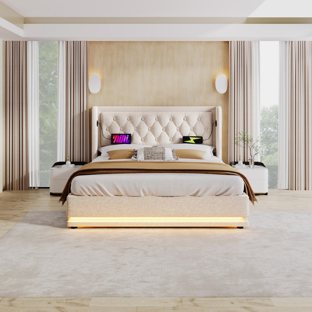POLSTERBETT 140/200 mit Bettkasten, LED, USB-C und Matratze in Beige - Beige, Holzwerkstoff/Textil (140/200cm) - EVRYAE
