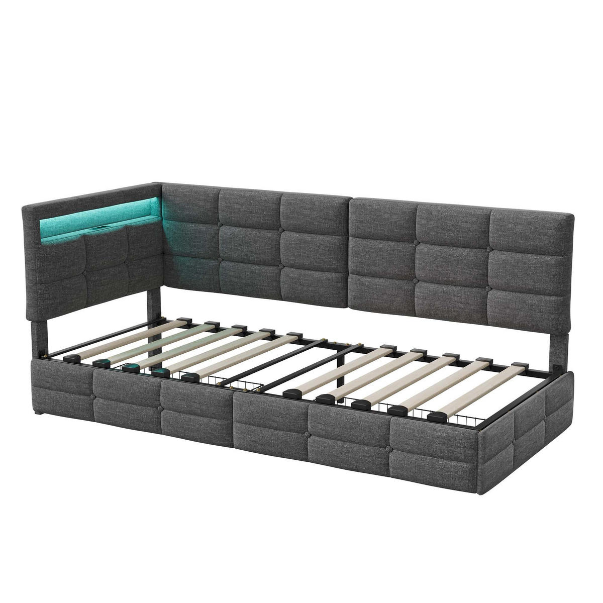 POLSTERBETT 90x200 cm - L-Form - mit LED, USB & 2 Schubladen Leinen Grau - Grau, Textil (90/200cm) - DELFA