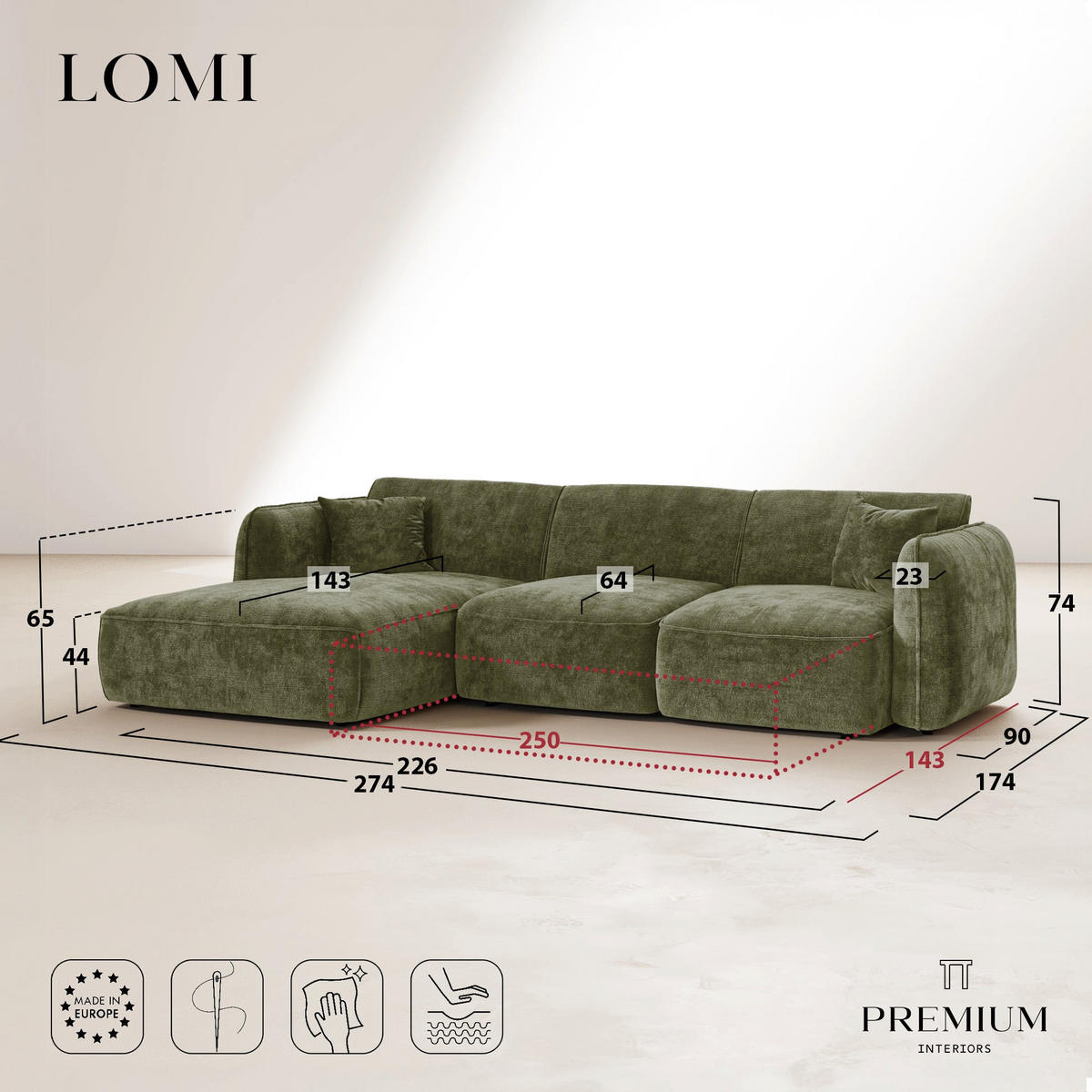 ECKSOFA (links) LOMI Geprägter Samt Vintage-Grün 274cm - Dunkelgrün/Grün, Textil (274/174cm) - Premium Interiors