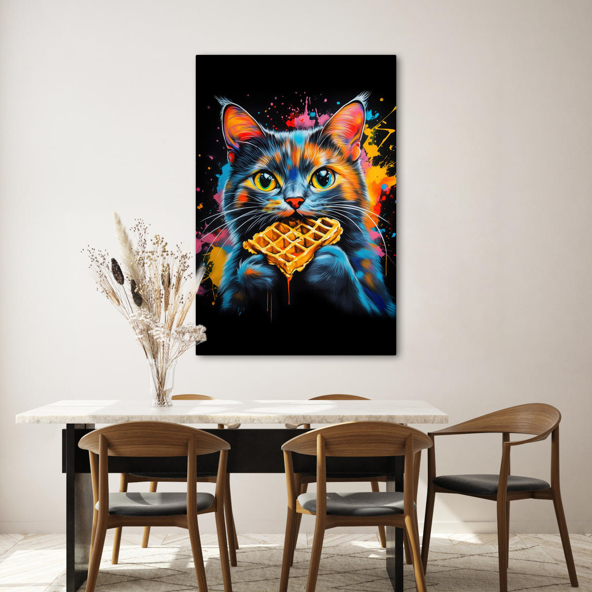LEINWANDBILD Katze - Graffiti - Bunt - Waffel - Essen 80x120 cm - Türkis, Textil (80/120cm) - MuchoWow