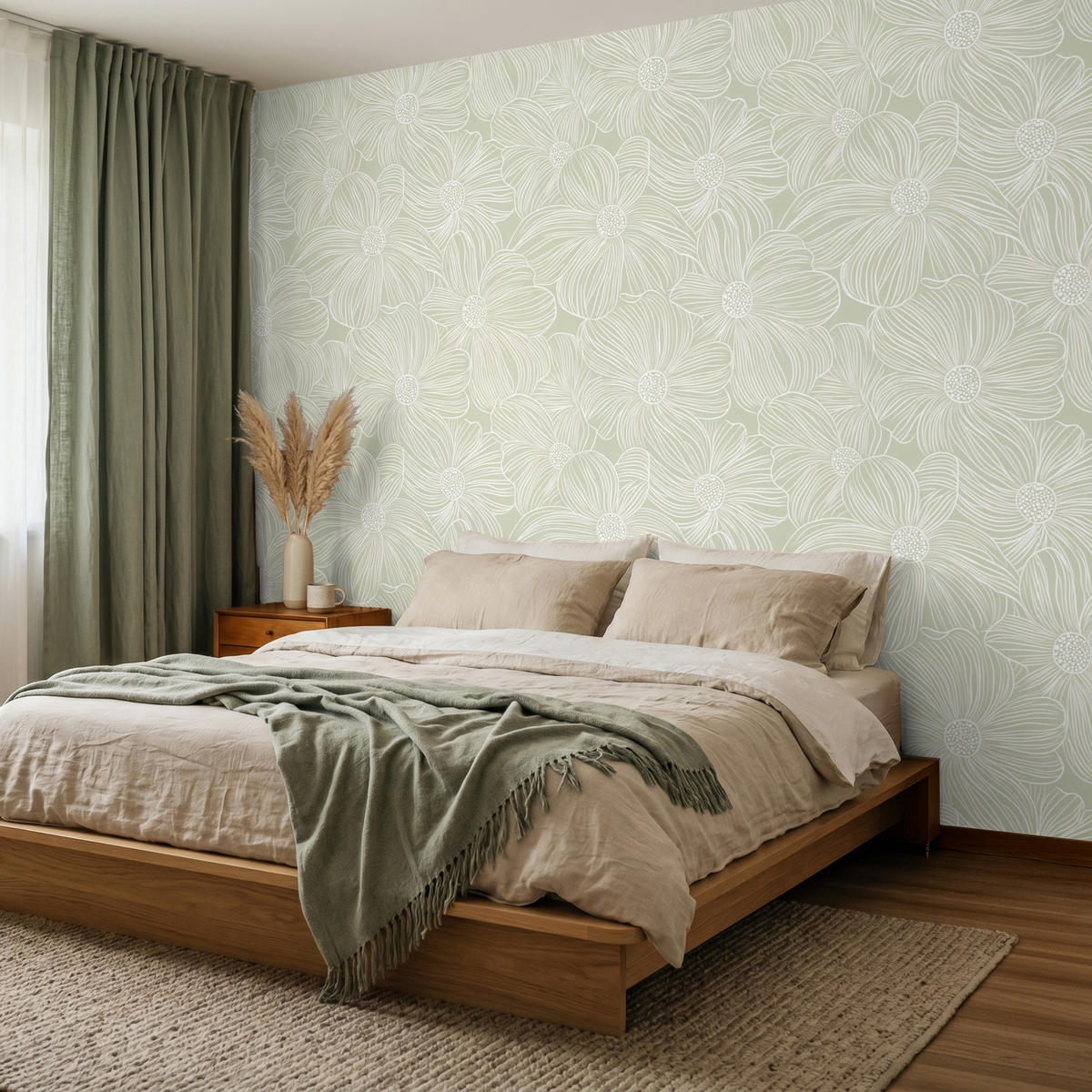 TAPETE - Gelassenheit - Blumen - Grün - 280x200 cm - Salbeigrün, Papier (280/200cm) - OnlyWow