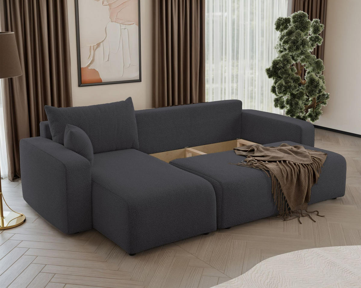 ECKSOFA Pianoni Dunkelgrau Bouclé-Bezug - Dunkelgrau/Schwarz, Kunststoff/Textil (244/140cm) - Selsey