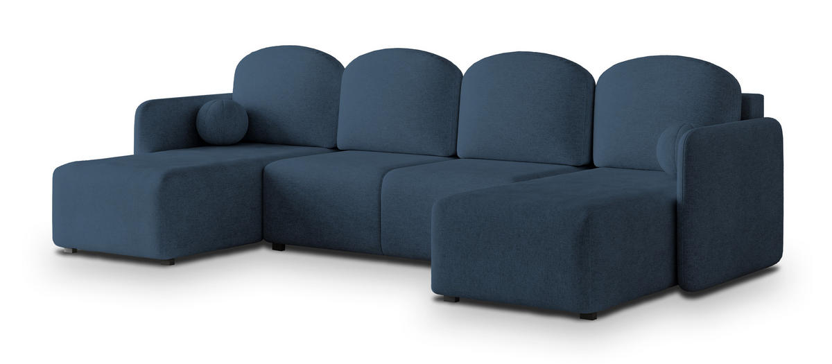 WOHNLANDSCHAFT NUBERO Blau Geflochtener Stoff mit Schlaffunktion - Blau, Holz (285/85/143cm) - MASSENO