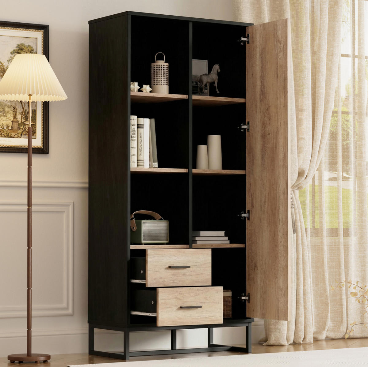 HIGHBOARD 80/180/40 cm Schwarz/Holzfarbe aus MDF mit 2 Schubladen - Schwarz, Holzwerkstoff (40/180/80cm) - OKMYHOME