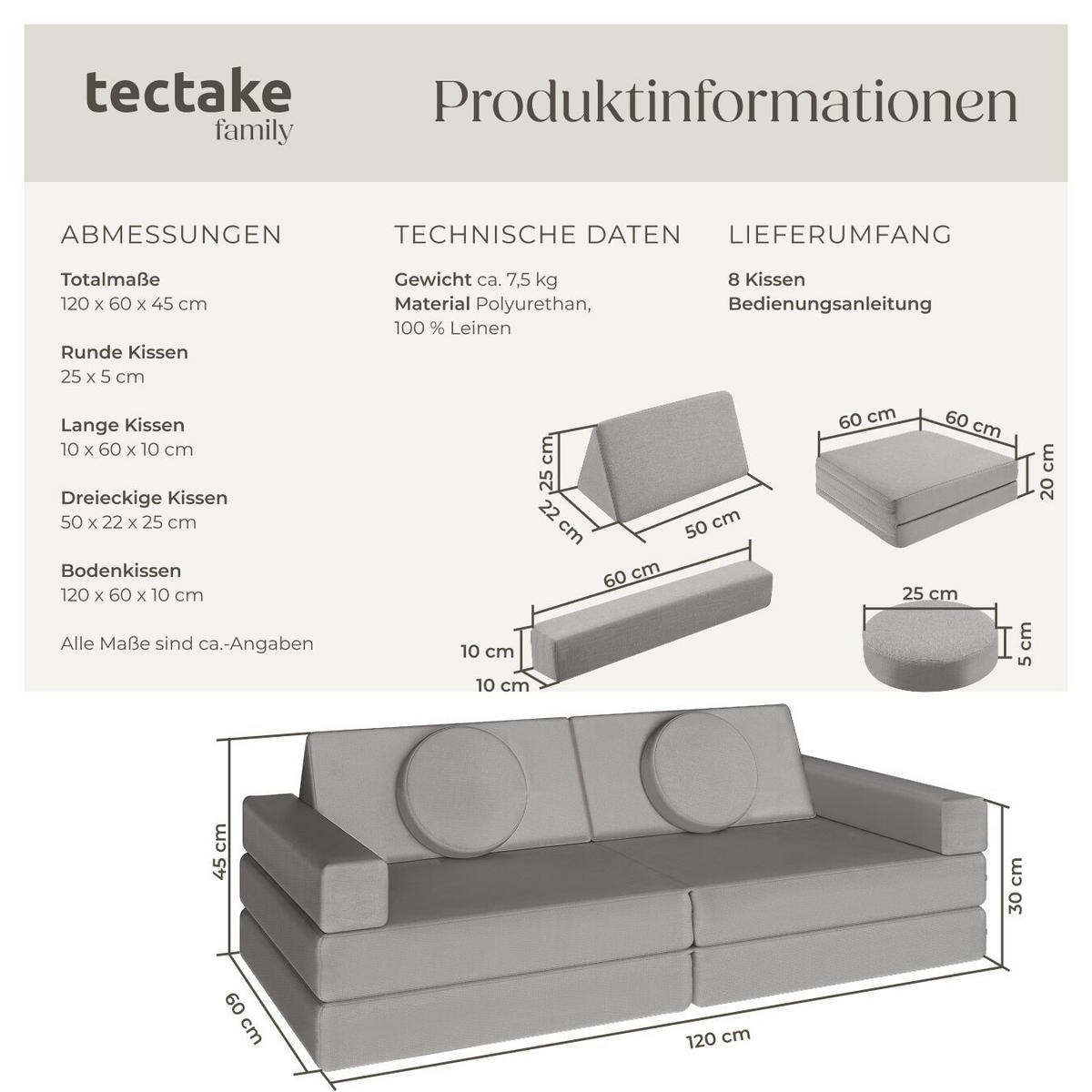 SPIELSOFA Lilly,stapelbar,grau - Grau, Textil (120/45/60cm) - tectake