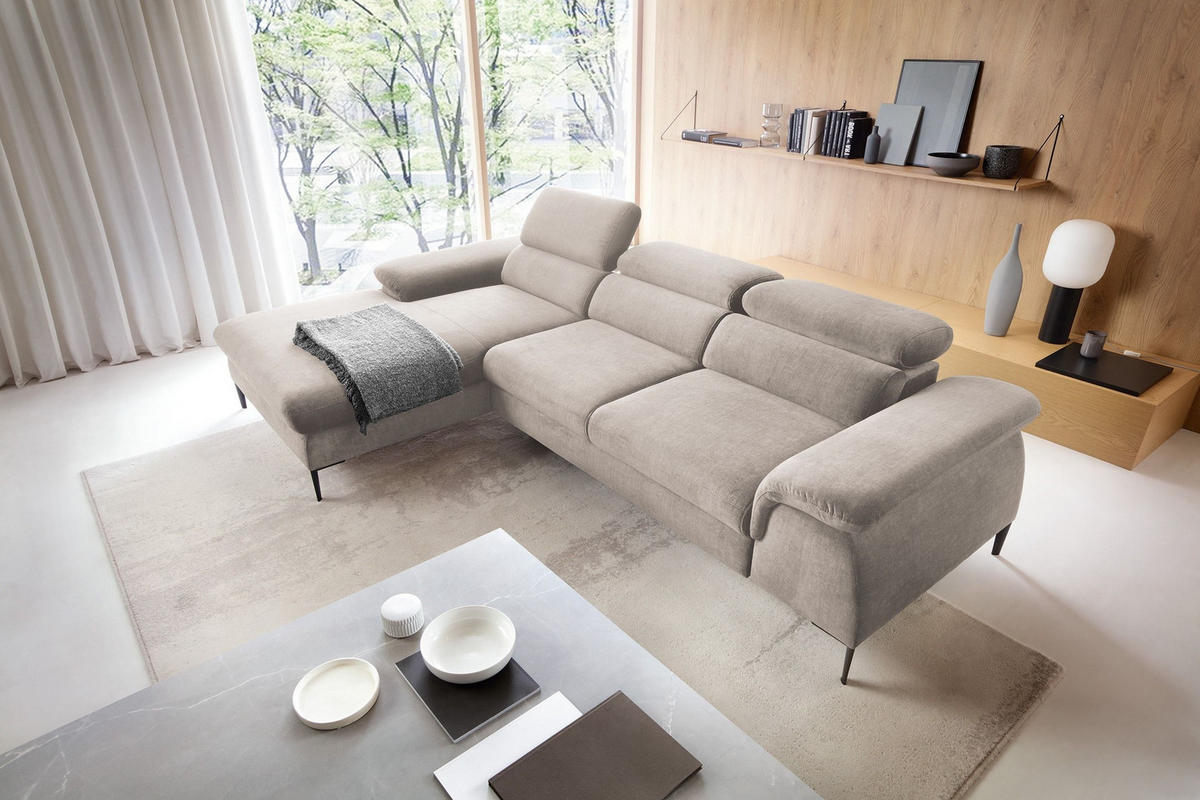 ECKSOFA MESTO Beige Velours-Stoff mit Schlaffunktion - Beige, Holz (288/182cm) - MASSENO