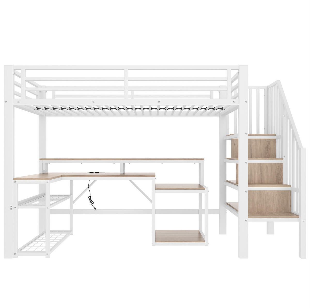 HOCHBETT aus Metall und MDF 90x200 cm Weiß mit LED-Beleuchtung, USB-Anschluss, Schreibtisch und Stauraumtreppe - Weiß, Metall (90/190cm) - Modfu