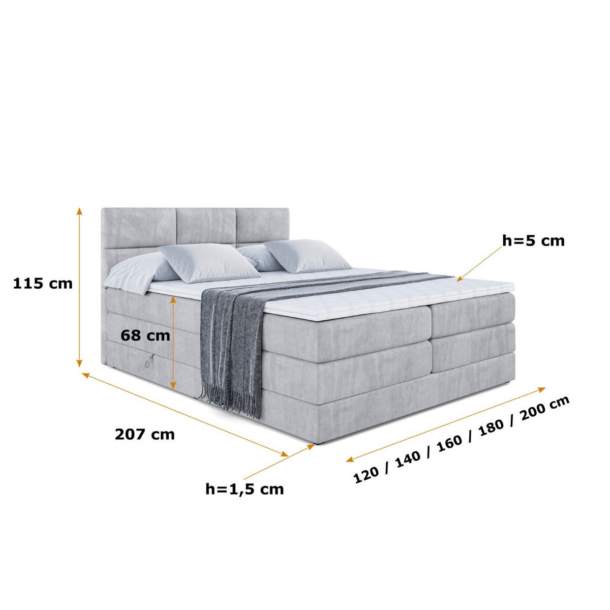 BOXSPRINGBETT OHIO KING - 140x200 - H3/H4 - Hellgrau - Hellgrau, Holzwerkstoff (140/200cm) - ALTDECOR