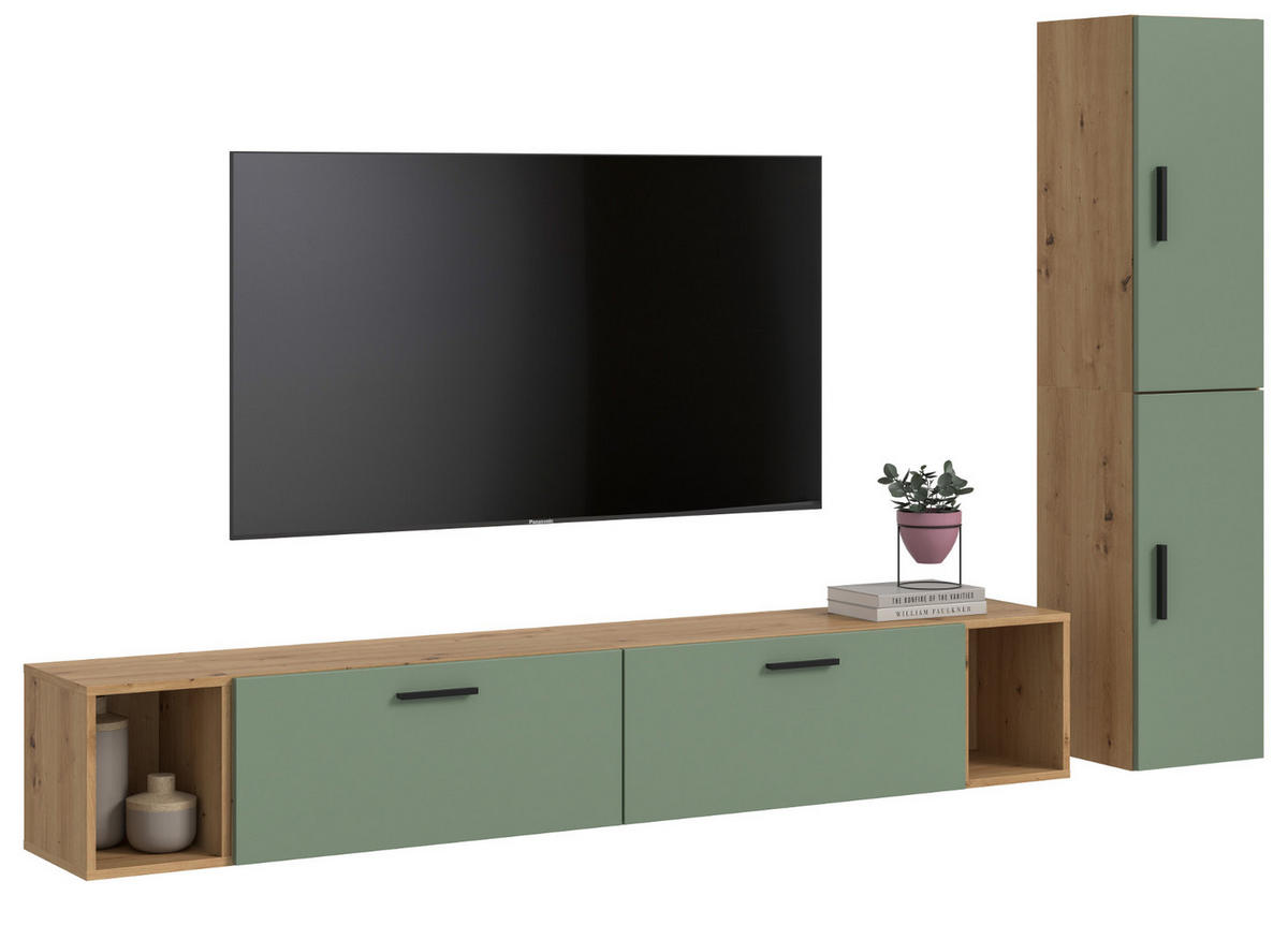 WOHNWAND grün, Eiche Artisan 249 x 184 cm, Wohnkombination hängend / stehend - Schwarz/Eiche Artisan, Holzwerkstoff/Kunststoff (249/184/34cm) - Inn.Furn