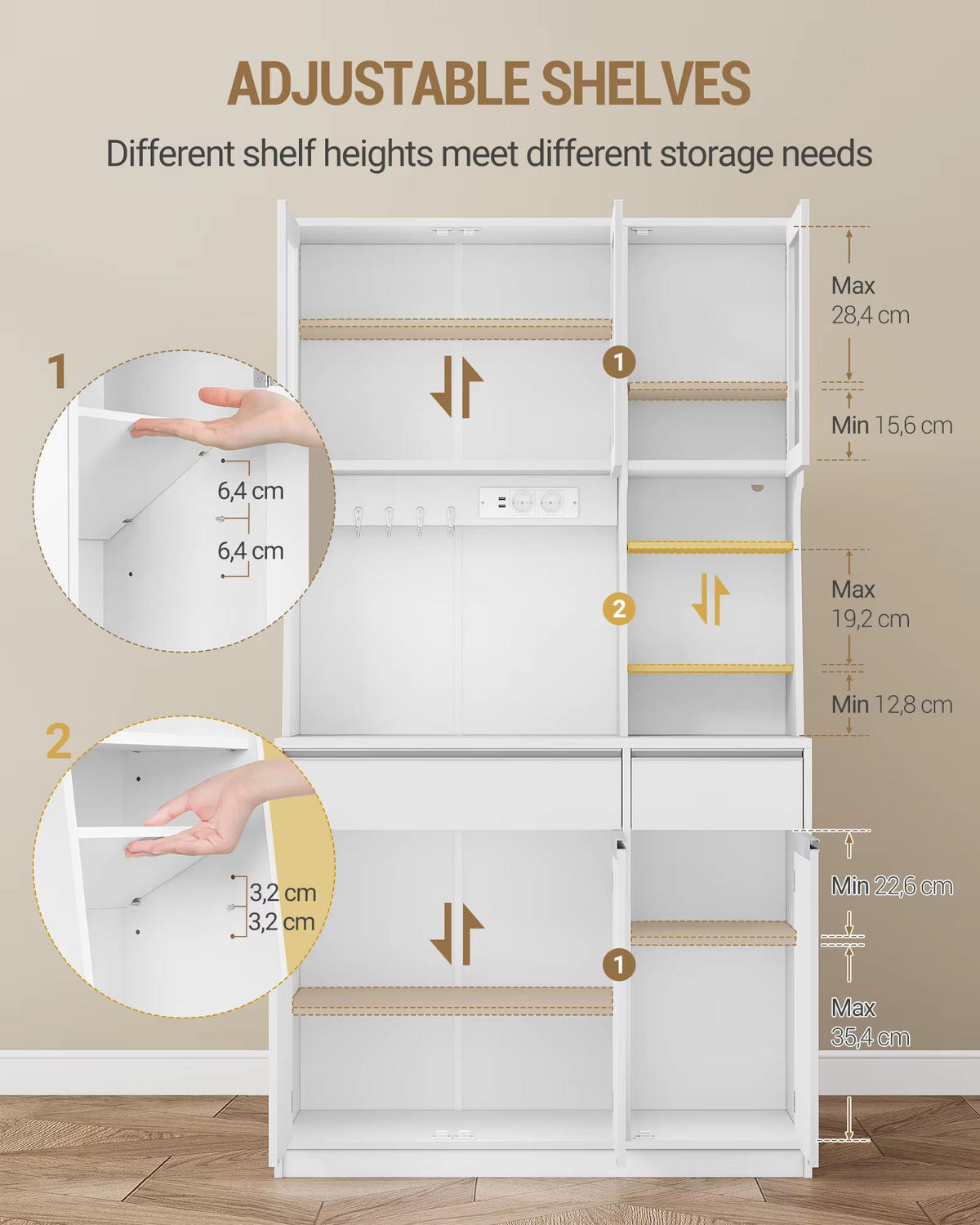 BUFFET Küche LED Licht Steckdosen 2 Schubladen Stauraum - Weiß, Holz (40/180/100cm) - Kaket
