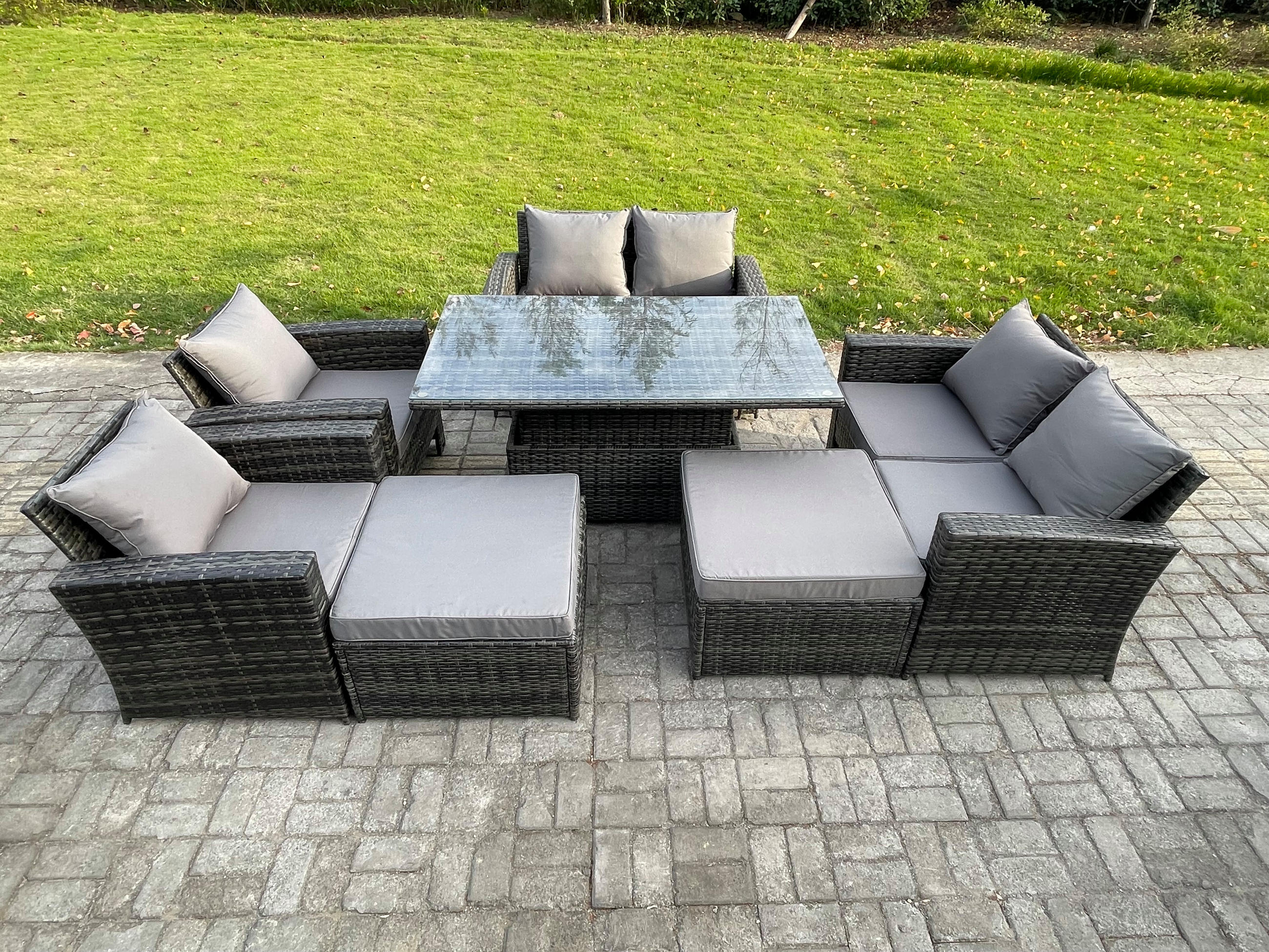 GARTENMÖBEL Set Polyrattan Dunkelgrau 8-Sitzer - Dunkelgrau, Metall - Fimous