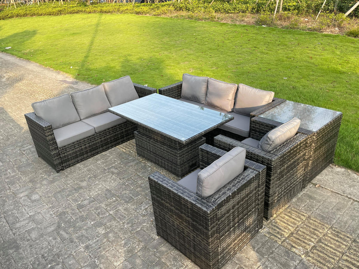 GARTENSOFA Hohe Rückenlehne Polyrattan 8-Sitzer - Dunkelgrau/Grau, Glas/Kunststoff - Fimous