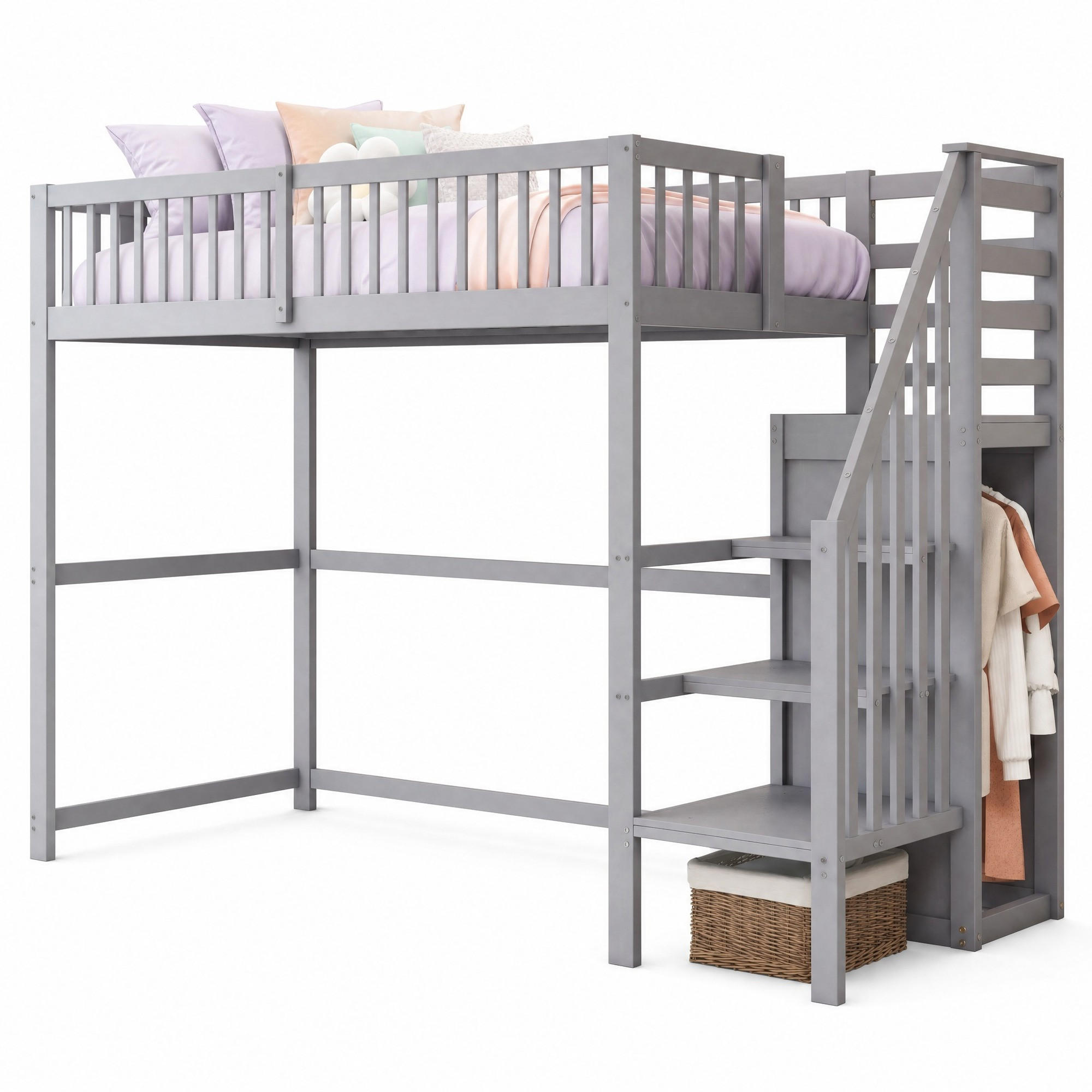 HOCHBETT 90/200 mit Treppe, Kleiderschrank und Aufbewahrungsregal in Grau - Grau, Holz/Holzwerkstoff (90/200cm) - EVRYAE