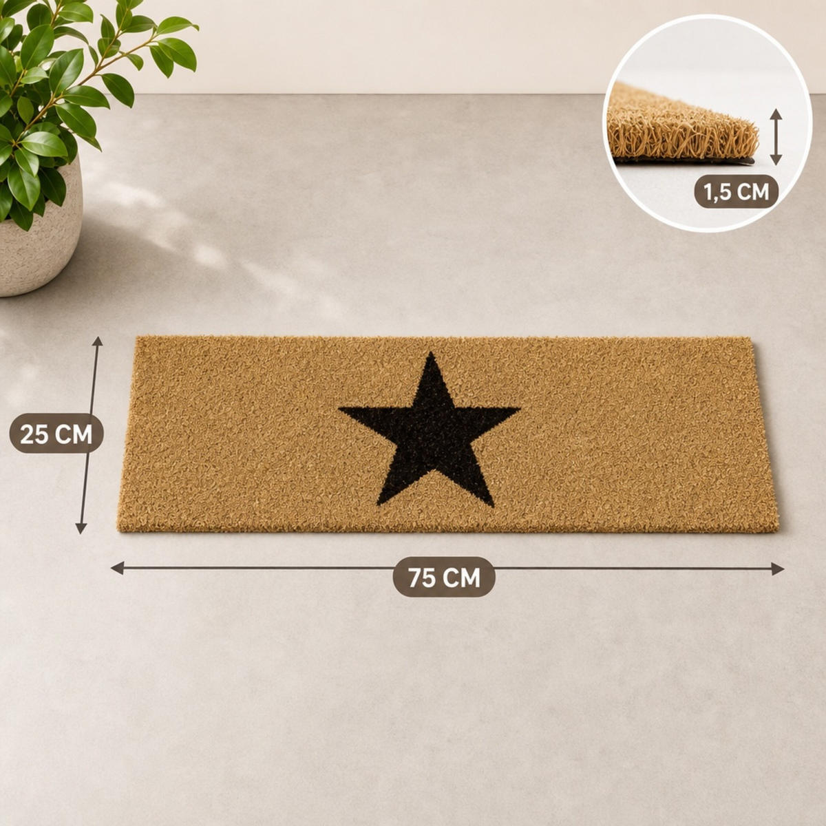 ROHOŽKA přírodní úzká kokosová guma hvězda 75x25 cm - světle hnědá, textil/plast (75/25cm) - Relaxdays